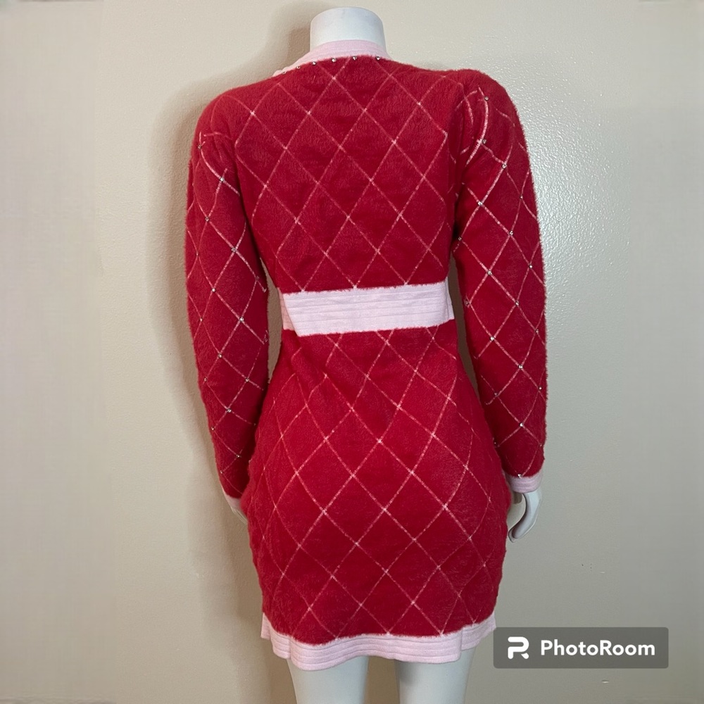 Red pink fuzzy sweater mini dress diamond pattern rhinestones details & pockets - Picture 3 of 10